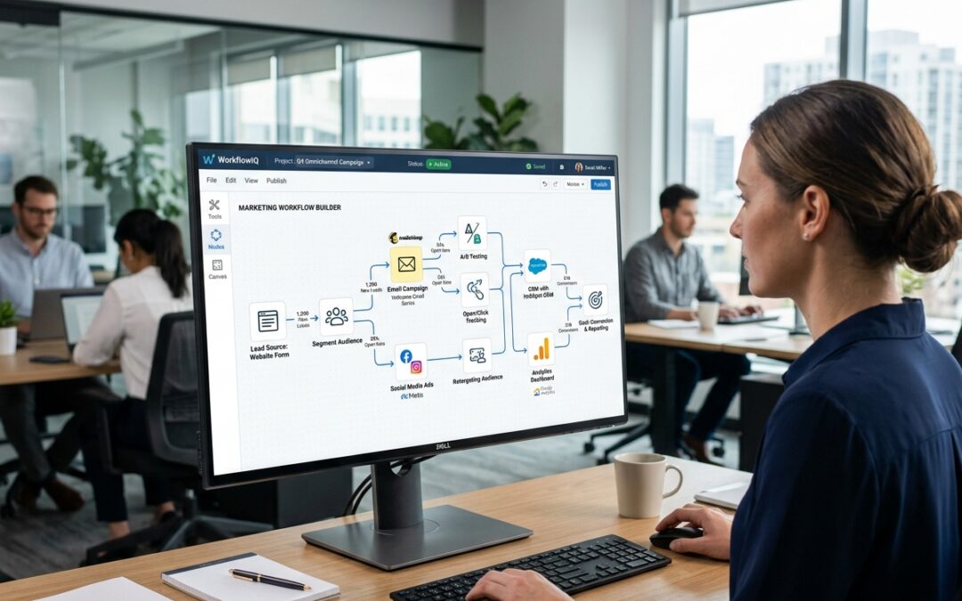 Visual workflow builder connecting different marketing apps - automatic content creation