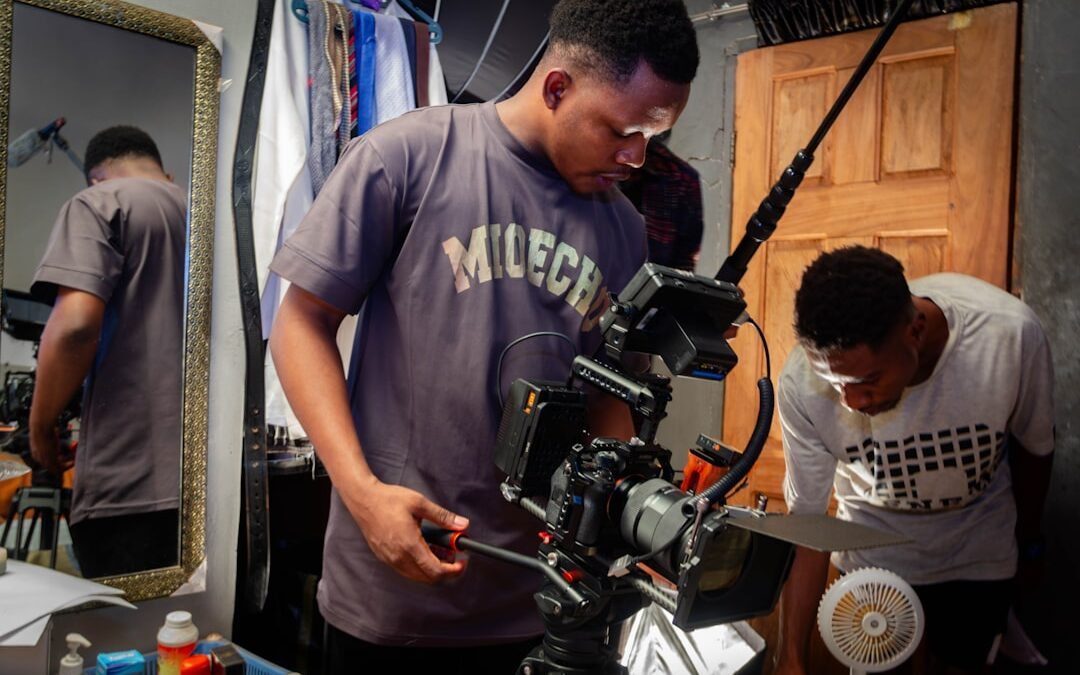professional film set with crew members, cameras, and lighting equipment in action - media production industry