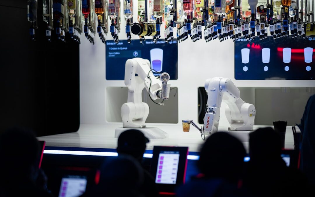 Virtual workstation interface showing software robots managing complex digital workflows
